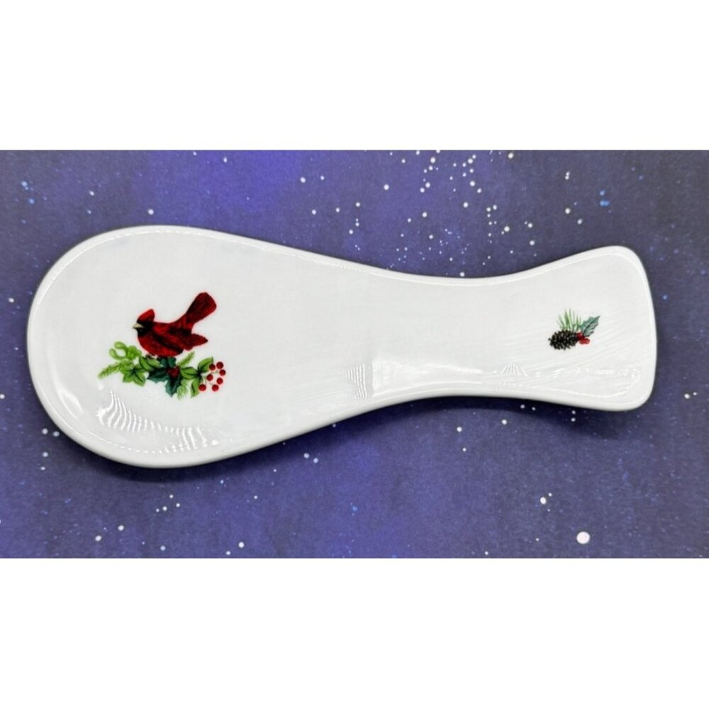 Royal Norfolk Christmas Ceramic Spoon Rest Red Cardinal &‎ Pinecone Design 9"